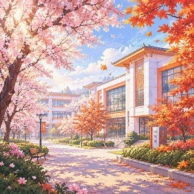 像素风格莫奈印象派樱花枫树校园主题插画，现代中式建筑风格的校园楼房，白色简约墙体为主，橙色点缀窗框和建筑线条，融合现代设计与中式元素的简洁楼宇，大玻璃窗、平屋顶配中式细节，校园内樱花树与枫树交相辉映，粉色樱花与橙红枫叶交织，阳光透过树叶洒下斑驳光影，印象派朦胧光影效果，柔和梦幻的色彩过渡，像素艺术风格，画面充满诗意和浪漫氛围，蓝天白云背景，现代校园步道与绿化景观，整体色调温暖明亮，简约大气的现代东方美学