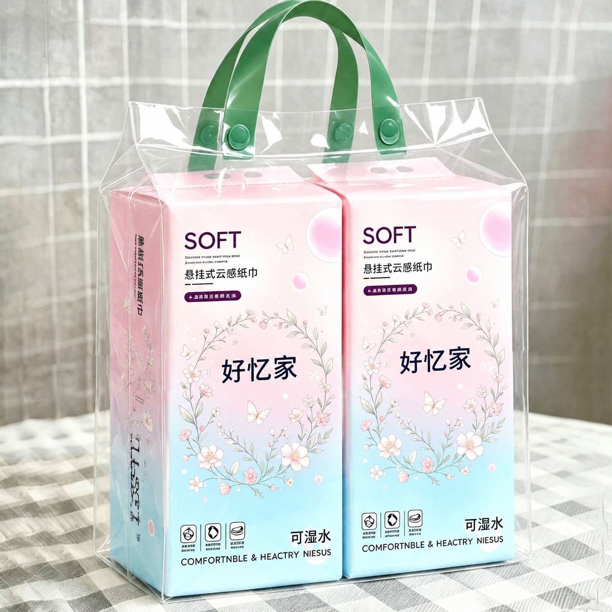将透明手提袋中两提悬挂式卫生纸的白色包装全部替换为第一张白底图… - 图片创意预览