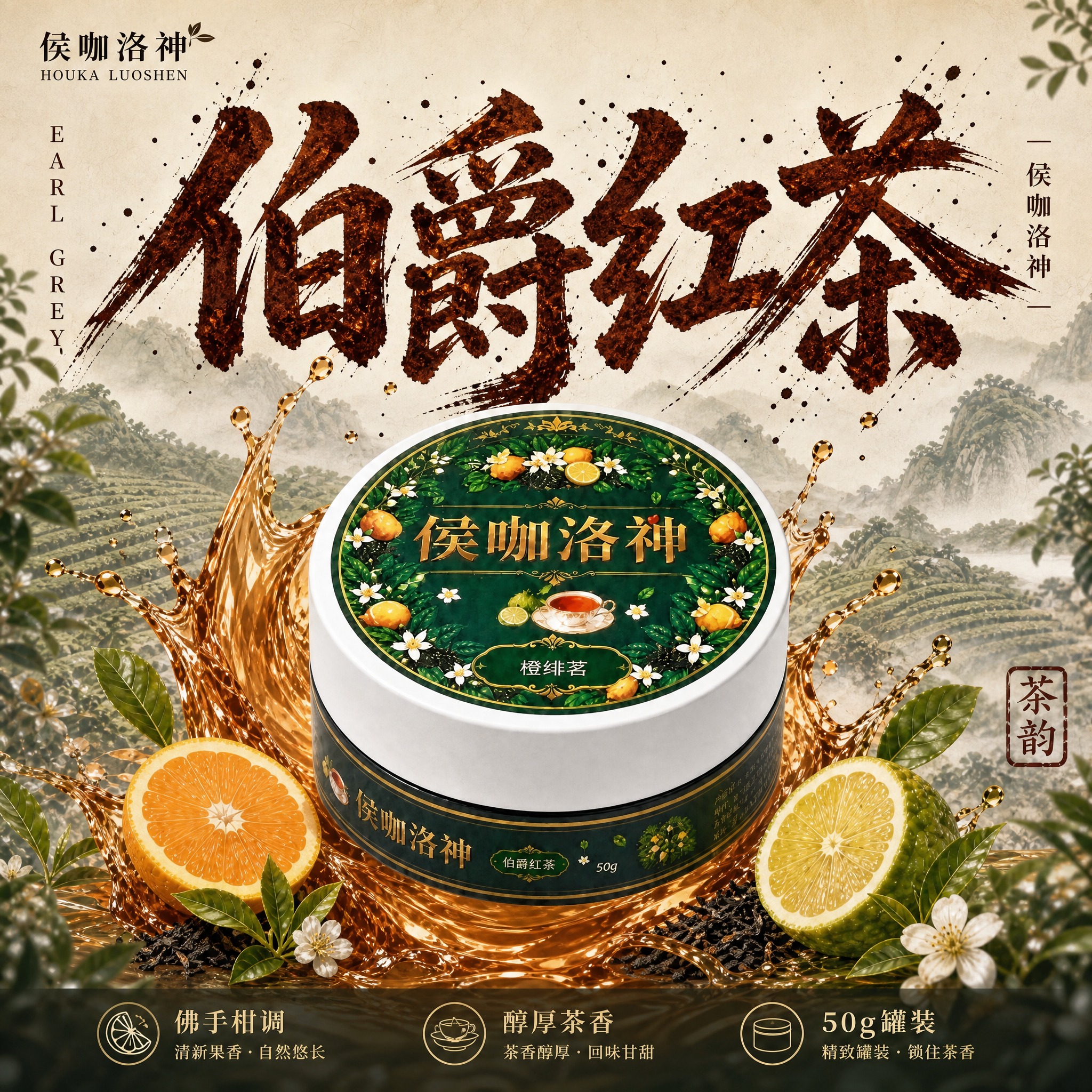 [单张主图] 侯咖洛神伯爵红茶罐装茶叶，高级氛围感国风茶韵主图… - 图片创意预览