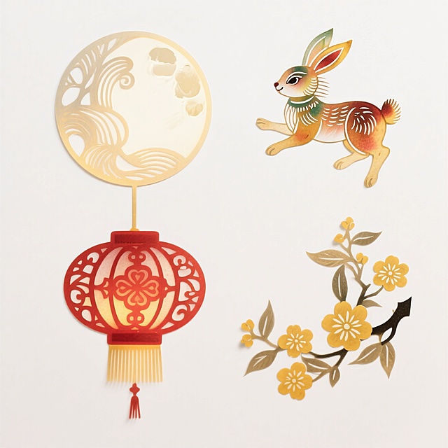 明亮鲜艳配色的素材（2X2规整排布）：圆月、玉兔、红灯笼、桂花。纯白色背景