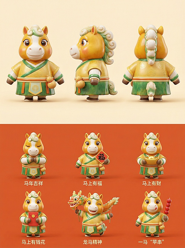 软3D风格的国潮马年吉祥物，融合拟人化设计与粘土质感，卡通可爱，喜庆十足，展现马年吉祥、招财纳福等节日祝福。