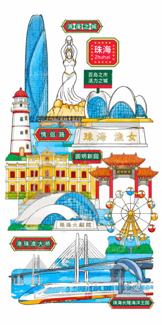 参考原图的插画风格，生成珠海城市地标建筑集合插画，包含珠海标志性景点建筑，采用和原图一样的线描撞色扁平插画风格，城市为珠海预览效果