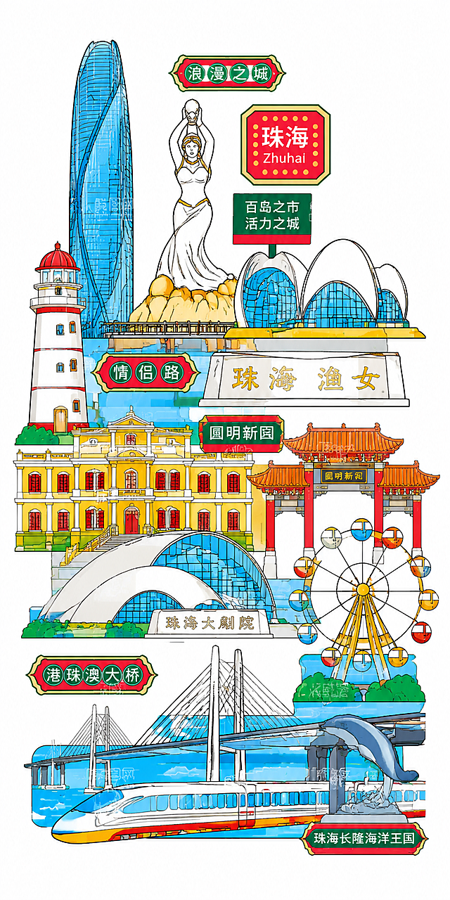 参考原图的插画风格，生成珠海城市地标建筑集合插画，包含珠海标志性景点建筑，采用和原图一样的线描撞色扁平插画风格，城市为珠海