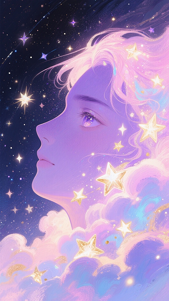 一片深邃神秘的星空，无数闪烁的星光点缀其间，呈现出梦幻般的水彩画风格。星星的光芒带着柔和的光晕，色彩以温暖的粉紫色调为主，穿插着淡淡的蓝色和金色，营造出浪漫而宁静的氛围。星空中间是一张巨大人脸，眼睛微睁星星闪烁在其中，紫色的云彩围绕在人脸附近，被星光映照出柔和的轮廓，整体画面充满了诗意的梦幻感，给人一种置身于童话般星空下的奇妙体验。