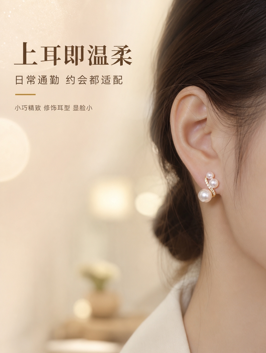 [商品] 使用【图2】三颗珍珠镶钻弧形耳钉上耳佩戴效果；保留耳… - 图片创意预览