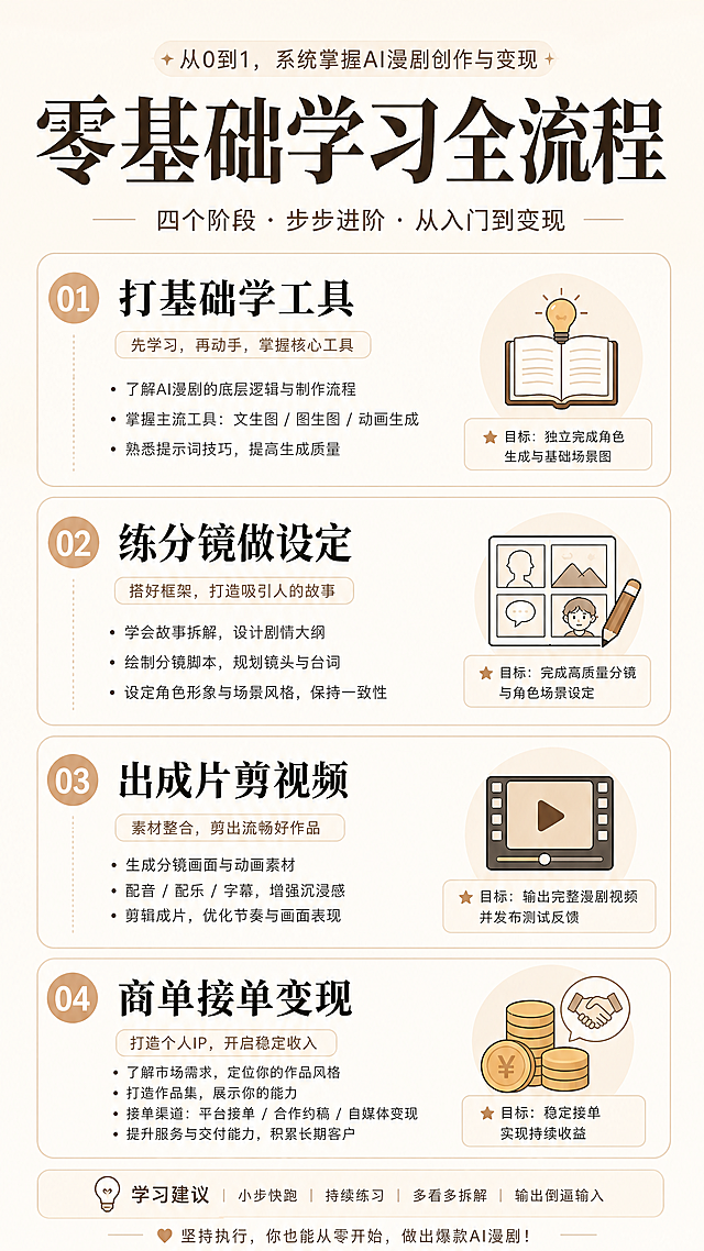简约知识分享小红书图文，浅米色背景，标题大字：零基础学习全流程，内容详解从0到1学习AI漫剧的四个阶段：打基础学工具、练分镜做设定、出成片剪视频、商单接单变现，无水印无错别字，竖版排版清晰，适合小红书发布