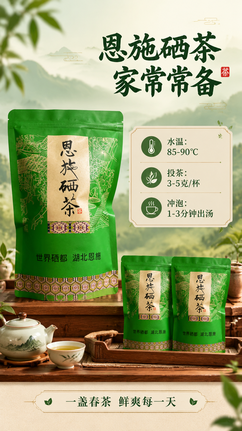 [商品] 使用【图1】恩施硒茶绿色自封袋包装，置于画面左侧占约… - 图片创意预览