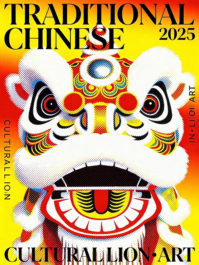 国潮风插画，融合波普艺术与印刷质感，以喜庆的中式舞狮为主题，展现浓厚民族感与文化张力，杂志风排版彰显2025年传统节庆氛围。