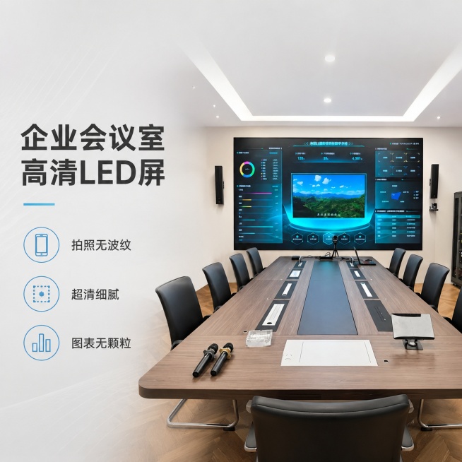[单张主图] 企业会议室小间距LED屏，高级氛围感主图，目标是突出产品专业商用属性，获得客户信任转化。保持原产品外观（即小间距LED屏安装在会议室墙面的物理结构、材质、颜色）与输入图片完全一致，杜绝任预览效果