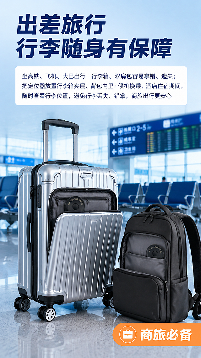 第8张 场景二行李箱背包出行防丢-迷你圆形磁吸防丢定位器商旅出行场景。本张使用【图1】作为商品主体。
[氛围/风格] 商旅出行风，蓝色机场高铁站氛围，专业可靠，商业摄影质感。
[元素布局] 画面展示高铁站/机场候机场景，一个银色行李箱放在地面，行李箱夹层露出黑色圆形定位器一角；旁边有一个双肩背包，背包内袋也放着定位器；背景为模糊的高铁站大厅环境，有座椅、指示牌等元素；产品在行李箱和背包中各有展示。
[光影质感] 冷白色室内公共照明，明亮清晰，产品细节可见，整体干净专业。
[配色色系] 全局底色 #E3F2FD 浅蓝渐变；主色蓝色+深蓝文字；辅助色黑色产品、白色信息卡、橙色标签。
[视角构图] 中景平视视角，阅读动线顶部标题→中部行李箱+背包场景→底部文案。
[文字版式] 顶部大标题「出差旅行 行李随身有保障」深蓝色粗黑体大字；下方白色信息卡：「坐高铁、飞机、大巴出行，行李箱、双肩包容易拿错、遗失；把定位器放置行李箱夹层、背包内里：候机换乘、酒店住宿期间，随时查看行李位置，避免行李丢失、错拿，商旅出行更安心」；右下角「商旅必备」橙色标签；文字清晰，不遮挡产品。
[比例分辨率] 9:16竖版比例，4K分辨率，文字清晰可辨，高清画质。
[负向提示词] 产品变形，缺件错件，颜色偏差，水印，文字错乱，产品图模糊，背景杂乱。