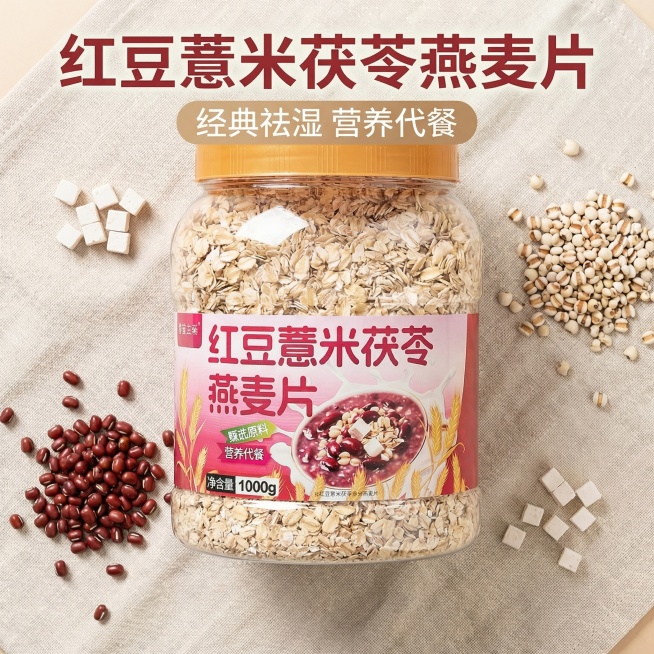 [新主图 1] 红豆薏米茯苓燕麦片首图，高点击率养生食品
[氛围/风格] 健康自然养生风，暖调自然光，高食欲感
[画面元素] 桶装产品居中放置，产品包装与原图保持一致，周围环绕摆放真实红豆、薏米、茯苓预览效果