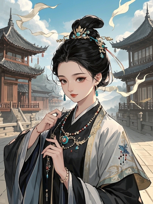 中式漫画，黑色眼睛的成年女生，穿着汉服服饰，身上点缀着各种配饰，背景充满中国古代文化元素，整体呈现古典风格，平涂画法预览效果