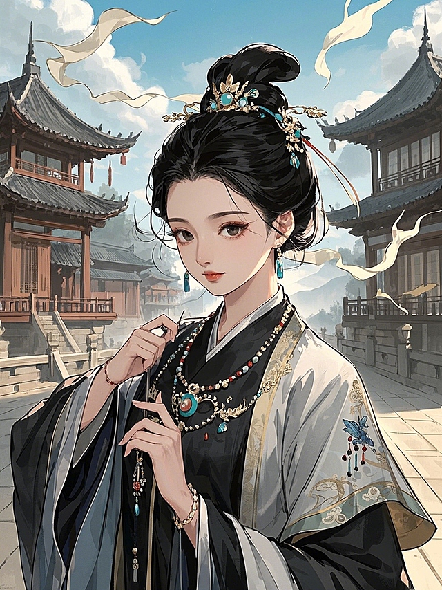 中式漫画，黑色眼睛的成年女生，穿着汉服服饰，身上点缀着各种配饰，背景充满中国古代文化元素，整体呈现古典风格，平涂画法