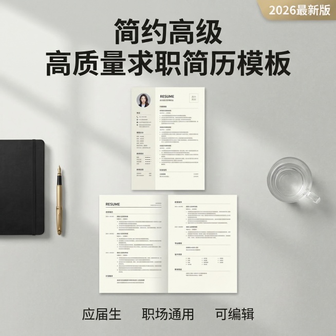 [主图主题] 高端简约电子版Word简历模板首图
[氛围/风格] 简约高级大气风，质感干净
[画面元素] 画面中心竖直叠放单页和双页两份简历模板，浅灰色高级肌理背景，左侧摆放一本黑色硬壳笔记本和一支金预览效果