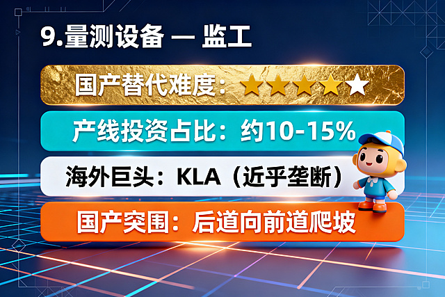 A clean, modern infographic text card design. Dark blue gradient tech background with thin geometric decorative lines. Display the following Chinese text information clearly and prominently:

Title: "9. 量测设备 — 监工"
Line 1: "国产替代难度：★★★★★"
Line 2: "产线投资占比：约10-15%"
Line 3: "海外巨头：KLA（近乎垄断）"
Line 4: "国产突围：后道向前道爬坡"

Use gold stars for difficulty rating, cyan blue for percentages, white for company names, and orange for descriptions. Professional semiconductor industry style, 8k resolution, flat design. --ar 3:2