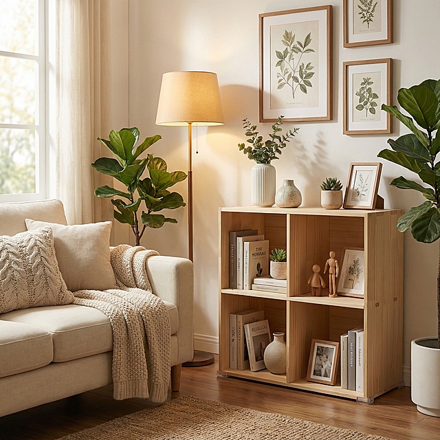 生成三张亚马逊场景图，尺寸1600*1600 分别为客厅温馨场景、书房简约场景和开放空间温馨场景，均突出展示了实木书架的结构细节与使用效果