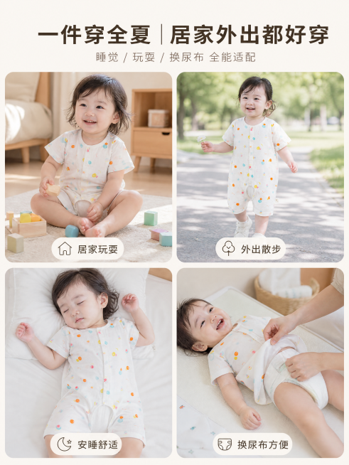 [第6屏] 多场景展示。保留连体衣印花和版型。四宫格拼接：居家玩耍、外出散步、安睡、换尿布四个真实场景。顶部主标题"一件穿全夏｜居家外出都好穿"，副标题"睡觉 / 玩耍 / 换尿布 全能适配"。3:4预览效果