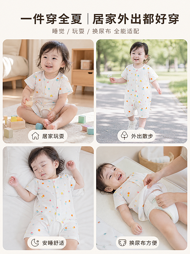 [第6屏] 多场景展示。保留连体衣印花和版型。四宫格拼接：居家玩耍、外出散步、安睡、换尿布四个真实场景。顶部主标题"一件穿全夏｜居家外出都好穿"，副标题"睡觉 / 玩耍 / 换尿布 全能适配"。3:4竖版，米白底，场景光影统一，每个场景清晰展示穿着效果。4K高清，文字清晰。负向：变形、错色、场景乱、文字糊