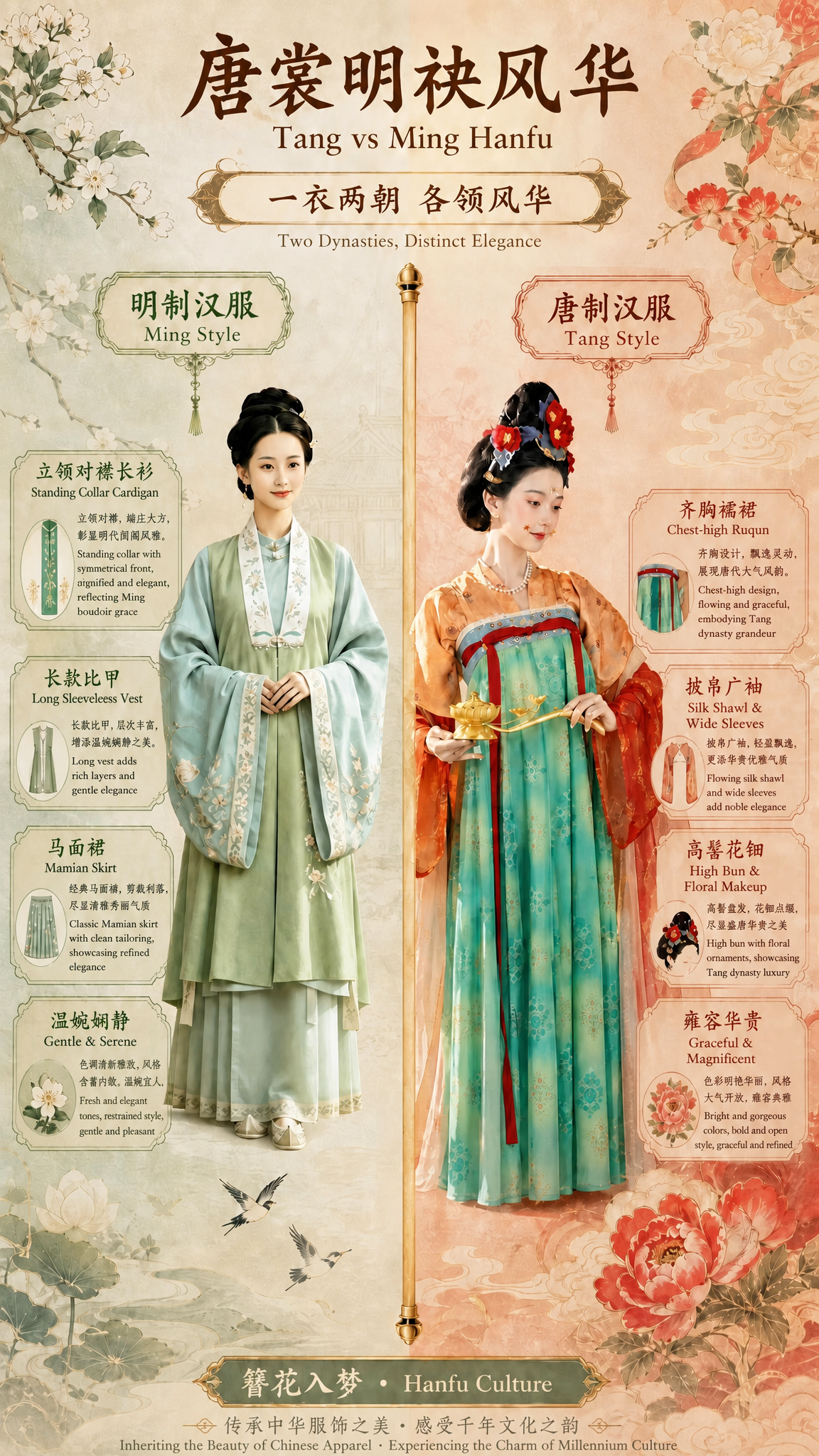 为这张「唐裳明袂风华」汉服对比海报中所有中文配上对应的英文字幕… - 图片创意预览