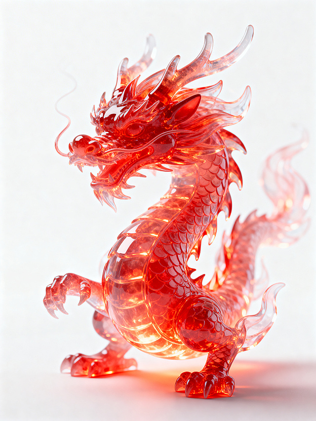一只巴掌大小的三维中国龙形象，火红色虚影虚幻的灵体建模形象，元神法相神魂能量体形象，半透明自发光能量体，火红色通透灵体，纯白色背景
