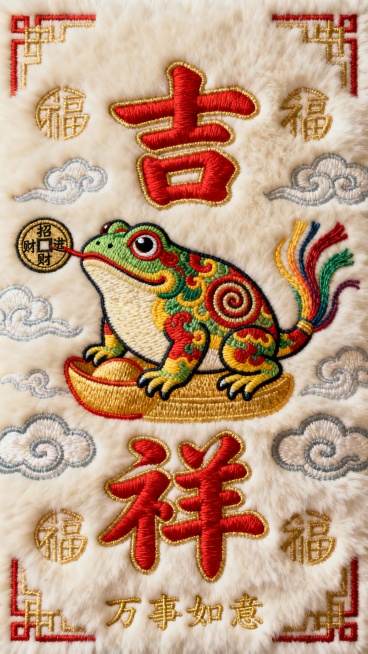 一张具有浓厚中国传统新年氛围的毛绒质感刺绣作品，主体为一只色彩斑斓的金蟾，它身披红、绿、黄相间的华丽纹路，背部有独特的螺旋状装饰，三足稳稳踩在金色元宝上，头部微微抬起，双眼圆睁，口中衔着一枚写有“招财进宝”的古钱，身后飘逸的尾部点缀着彩色流苏。画面中央是两个醒目的红色立体刺绣大字“吉祥”，字体采用传统书法风格，笔画饱满有力，边缘有金色勾边。金蟾周围环绕着祥云图案和金色的“福”字纹样，底部绣有“……预览效果