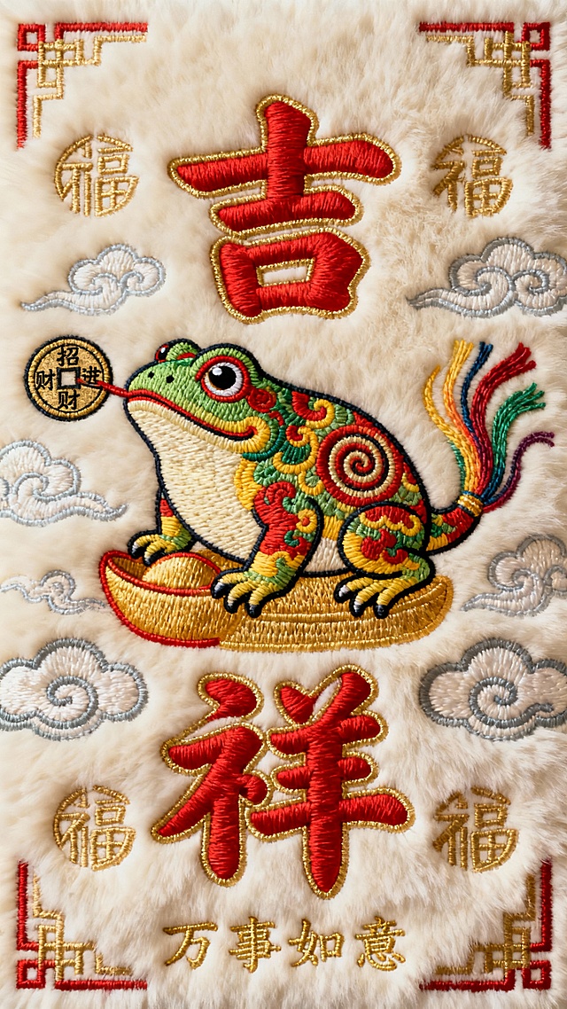 一张具有浓厚中国传统新年氛围的毛绒质感刺绣作品，主体为一只色彩斑斓的金蟾，它身披红、绿、黄相间的华丽纹路，背部有独特的螺旋状装饰，三足稳稳踩在金色元宝上，头部微微抬起，双眼圆睁，口中衔着一枚写有“招财进宝”的古钱，身后飘逸的尾部点缀着彩色流苏。画面中央是两个醒目的红色立体刺绣大字“吉祥”，字体采用传统书法风格，笔画饱满有力，边缘有金色勾边。金蟾周围环绕着祥云图案和金色的“福”字纹样，底部绣有“万事如意”四个金色小字，整体构图对称和谐，以米白色毛绒为底，各种刺绣图案色彩鲜艳、层次分明，针法细腻，展现出丰富的肌理感和精致的手工艺术气息，传达出喜庆、吉祥、祈福的美好寓意。