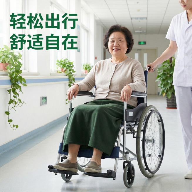 77岁亚洲圆脸老奶奶坐在轮椅上，穿着老年人防漏隔尿裤裙，裙长70cm比例合适，不超长，产品外观与参考图一致。背景是干净的医院走廊，走廊点缀绿植，出行护理场景，明亮自然光，真实自然风格，氛围轻松，构图主预览效果