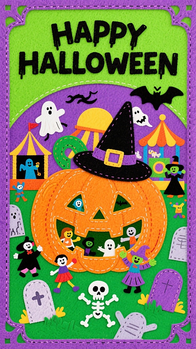 以巨大南瓜（戴着一个戴着黑色尖顶帽）为核心容器（内部有游乐场，幽灵、女巫、骷髅、僵尸等鬼怪在快乐地玩耍（没有人类），周围都是墓碑），顶部巨大的单色艺术字设计“HAPPY HALLOWEEN”，绿色背景，紫色哥特雕花边框