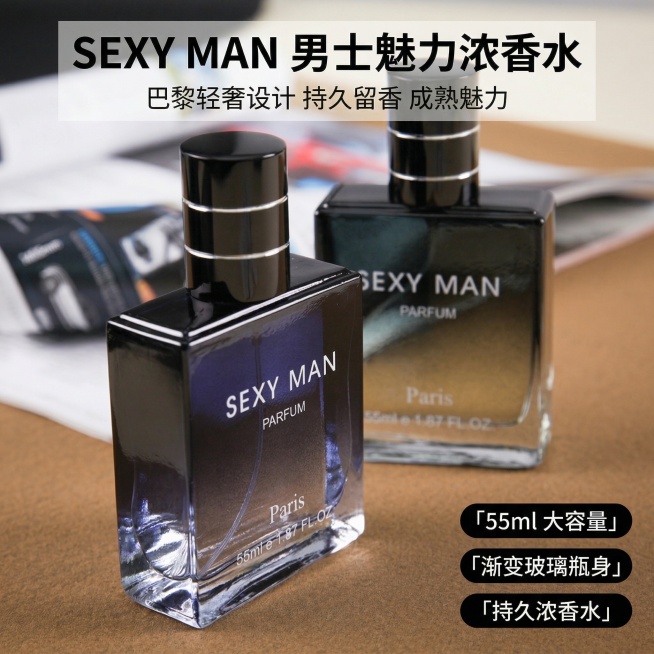 竖版电商主图，尺寸比例保持 1:1，严格还原上传的男士香水产品图，包括包装设计、颜色、LOGO 位置、文字内容、图案元素等所有细节。画面主体：两瓶 SEXY MAN 男士香水（前景蓝调渐变款、背景金调预览效果