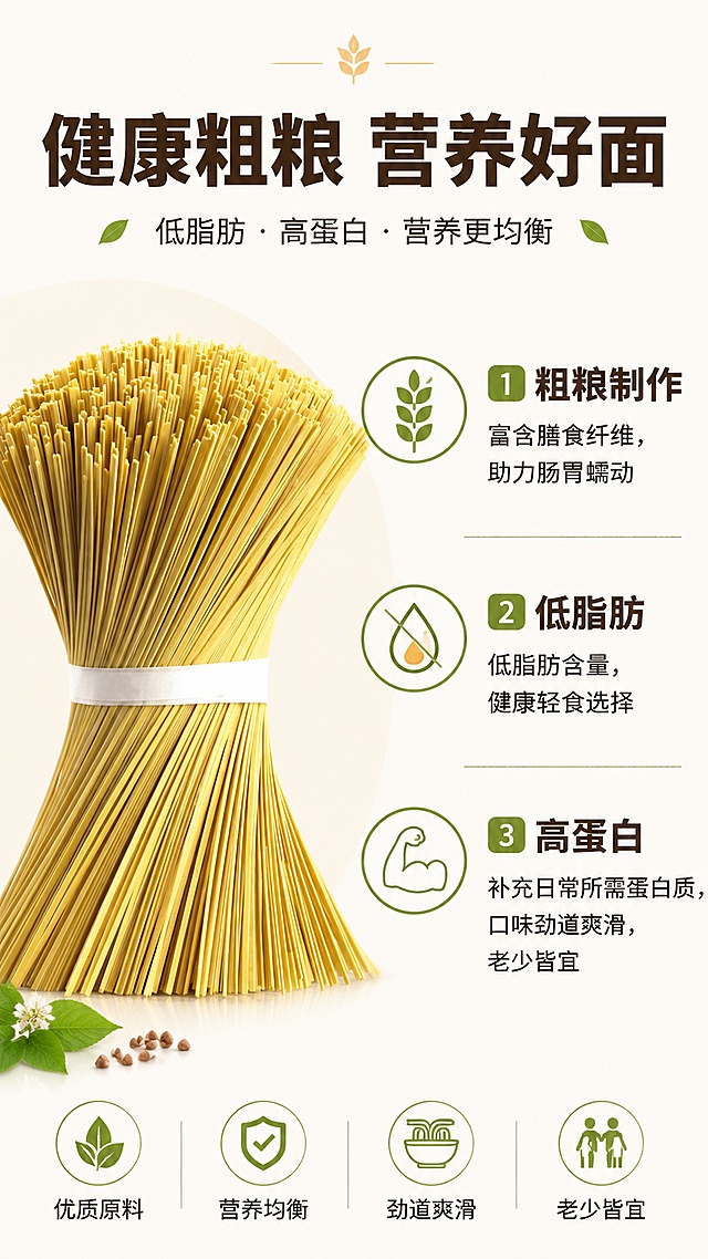 使用商品详情页技能根据商品图「图片1」「图片1」「图片1」「图片1」「图片1」「图片1」「图片1」「图片1」「图片1」生成详情页，参考图为，商品名称为贵州高山粗粮苦荞面，卖点为粗粮制作，低脂肪高蛋白，厂家直发质量保障；劲道爽滑，老少皆宜，方便快捷，适配平台为拼多多，图片比例为9:16，需求屏数为8张，首屏场景图产品展示，产品细节展示，产品优势介绍，产地介绍，吃法介绍
