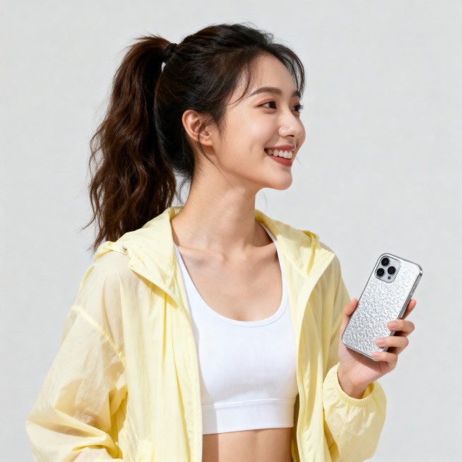 核心主体：年轻东亚女性，高马尾造型，笑容灿烂，侧头看向画面右侧；身穿淡黄色防晒外套、白色运动内衣，手持银色iPhone，整体姿态轻松自然，纯色背景。细节要求：人物发丝自然蓬松，衣物面料柔软有垂坠感，手预览效果