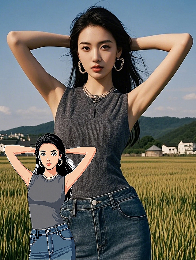 实景与漫画交融，清新田野间展现时尚感，插画风增添趣味。