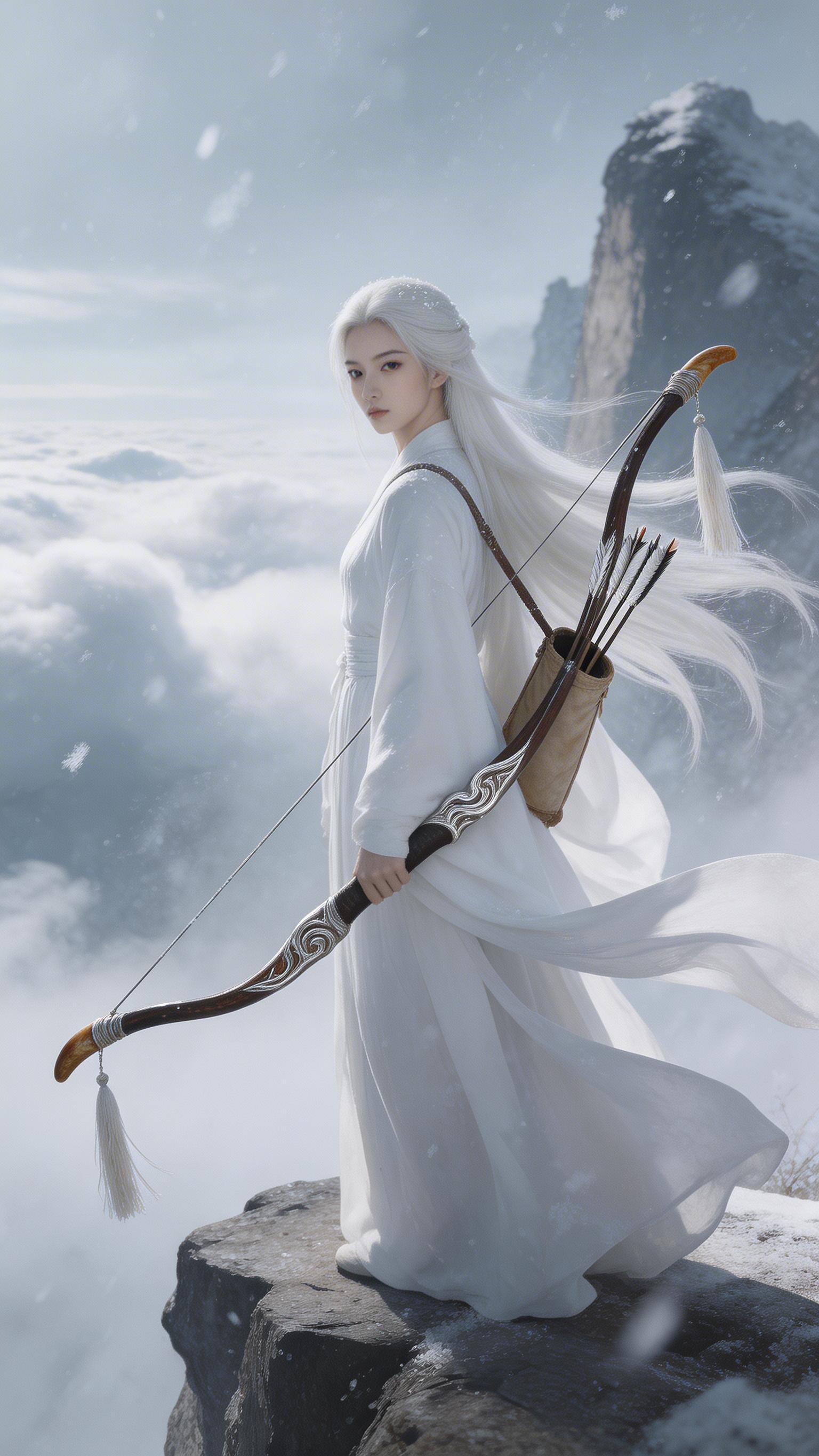 崖边长风卷雪，一位女子亭亭而立，一身素白广袖罗裙，肩背清挺如寒… - 图片创意预览