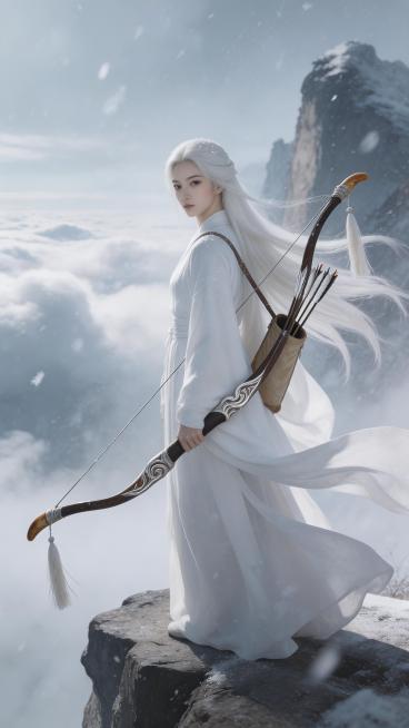 崖边长风卷雪，一位女子亭亭而立，一身素白广袖罗裙，肩背清挺如寒松，全无半分凡尘软媚之态。最摄人心魄的，是那一头及腰长发，无半分杂色，似敛尽了九天月华、千山霜雪，莹润生光，风过处，白发如流云漫卷，轻轻拂预览效果