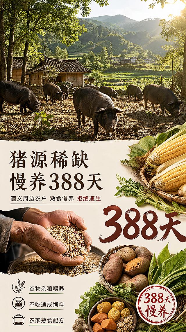 [第2张] 猪源产地展示页-遵义农户慢养388天土猪。本张为产地叙事专页，不使用产品图作为主体，以产地场景为主视觉。
[氛围/风格] 乡村田园写实风，温暖自然光，质朴真实有信任感，高级纪实摄影质感。
[元素布局] 画面上半部分为贵州遵义山区农家散养猪场实景，黑土猪在林间自由活动，背景是青山农田农舍，占画面约50%；下半部分左侧是农户手捧谷物杂粮喂食的手部特写，右侧是「388天」大数字艺术字，周围环绕玉米、红薯、野菜等熟食原料图示；原料元素放大占主画面，合计占比≥50%。
[光影质感] 自然日光从右上方洒下，温暖金色调，阴影柔和，画面通透有层次，田园氛围浓厚。
[配色色系] 全局底色 #F5EFE6 米杏色；主色大地绿+土黄；辅助色深棕文字、红色强调。
[视角构图] 上下分栏构图，上半场景下半信息，阅读动线从上到下。
[文字版式] 版式为上场景图 + 下信息区。主标题「猪源稀缺 慢养388天」，副标题「遵义周边农户 熟食慢养 拒绝速生」；下方三行短句「谷物杂粮喂养」「不吃速成饲料」「农家熟食配方」，每行配手绘小图标；右下角红色印章「388天慢养」；温润宋体标题，黑体正文，深棕色字。
[比例分辨率] 9:16 竖版比例，4K分辨率，文字清晰可辨。
[负向提示词] 画面模糊，猪只变形，文字错乱，水印，城市建筑，工业化养殖场，虚假认证标识。