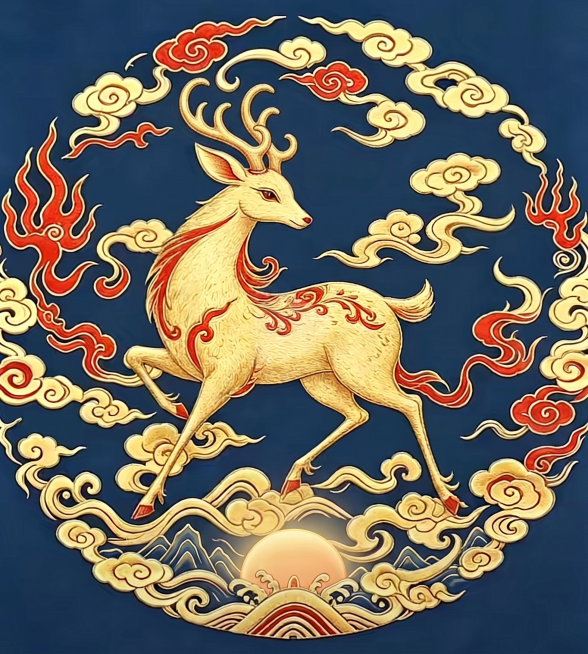 右边的抖音元素去掉，把图片变成完整的画面，图片下面的山增加太阳的元素，但不要有发射的形状，只是有日出的感觉就好了，鹿角需要更换一下形状，避免侵权预览效果