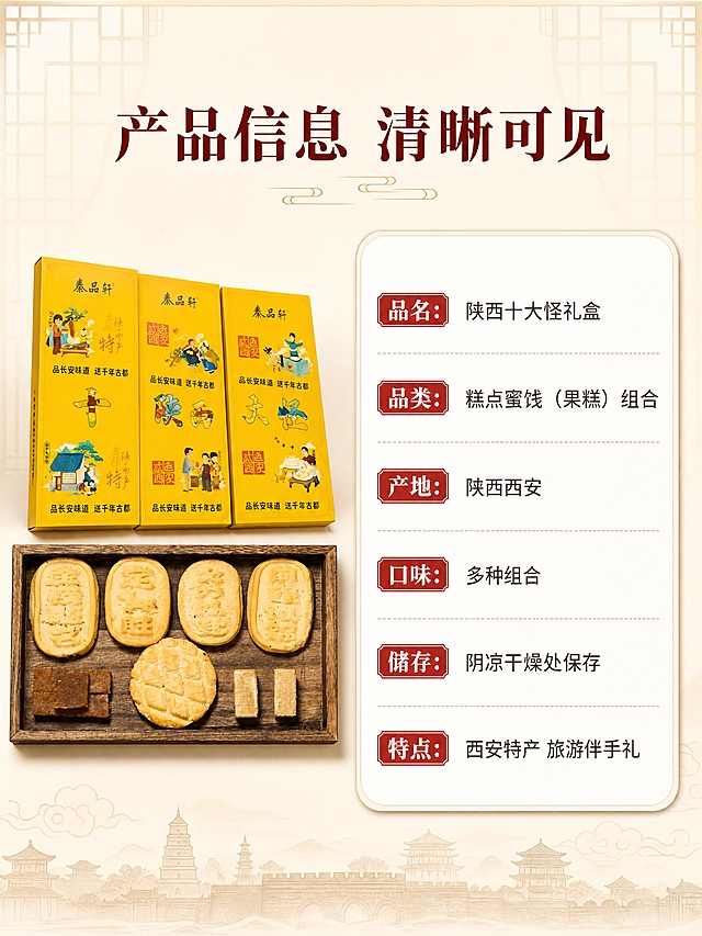 [商品] 使用【图1】陕西十大怪黄色礼盒+【图10】糕点组合；保留礼盒外观、糕点形状颜色、所有包装文字和图案，不修改产品外观、不重绘产品、不调色。
[画面] 目标：产品信息参数页，清晰展示规格信息。构图：左侧礼盒在上占画面上方礼盒图，右侧信息卡，左侧礼盒图占40%，右侧参数信息卡占60%，背景为米白底+浅唐风窗棂底纹，信息清晰易读。
[视觉] 套系策略：风格=唐风国潮+实拍产品结合的电商详情页；标题字=商用免费书法宋体加粗国潮宋体；正文字=商用免费思源黑体；主色=明黄+朱红；背景延展=米白底+浅棕唐风窗棂底纹；强调色=朱红色，用于标题和标签；标题色=深棕红；正文色=深棕；组件=圆角白底参数卡、细线分割线；光影=顶部暖柔光，产品清晰。
[文字] 顶部主标题"产品信息 清晰可见"，参数卡内容：品名：陕西十大怪礼盒；品类：糕点蜜饯（果糕）组合；产地：陕西西安；口味：多种组合；储存：阴凉干燥处保存；特点：西安特产 旅游伴手礼，文字全部横向排版，清晰可读。
[规格] 图片比例3:4竖版，4K，负向：避免产品变形、包装文字错乱、极限词、医疗功效宣传、竖排文字、斜排文字、蚂蚁字、冷蓝背景、水印、二维码。