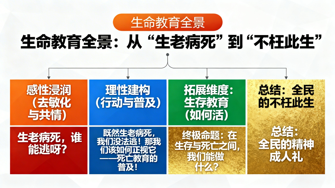 生命教育全景可视化导图，根节点为“生命教育全景：从‘生老病死’到‘不枉此生’”，包含6大核心板块：1.起点叩问：生老病死，谁能逃呀？2.第一阶段：感性浸润（去敏化与共情），用橙红色调，主题口号“生老病预览效果