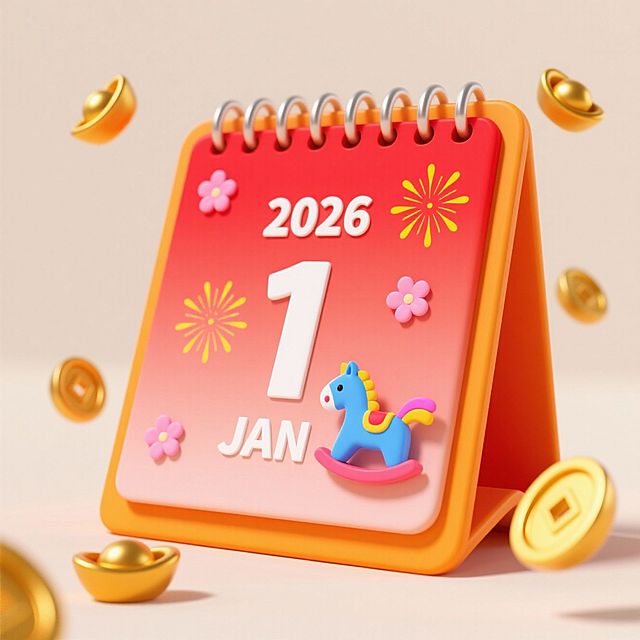 红色立式台历，三行文字“2026 1 JAN”，台历上点缀烟花图案、小花装饰和彩色小马，周围点缀金色元宝，暖米色背景