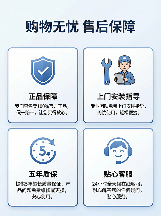 [详情图 14 品牌售后保障] 售后服务保障展示
[氛围风格] 简洁安心，专业可信
[画面元素] 四个保障项分四宫格展示：正品保障、上门安装指导、五年质保、贴心客服，每个格子配简单图标，背景干净
[文字版式] 顶部主标题 "购物无忧 售后保障"，每个格子里配对应保障文字，排版整齐，清晰易读
[比例分辨率] 3:4比例，2k分辨率