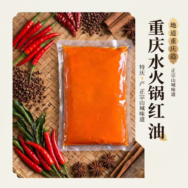 重庆特产水火锅红油袋装商品，搭配传统重庆竹编和辣椒作为装饰，新中式国潮风，体现地道重庆产地特色，高端简洁电商主图，适配淘宝天猫平台，1:1比例预览效果