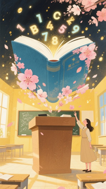清新绘本插画风格，超现实主义，以暖黄色为主色调，巨大的木质讲台构成画面主体，讲台表面绽放出粉色樱花，讲台中央悬浮着一本翻开的魔法课本，课本里飞出闪烁的字母与数字。前景有一位穿着米色教师裙的老师，正伸手预览效果