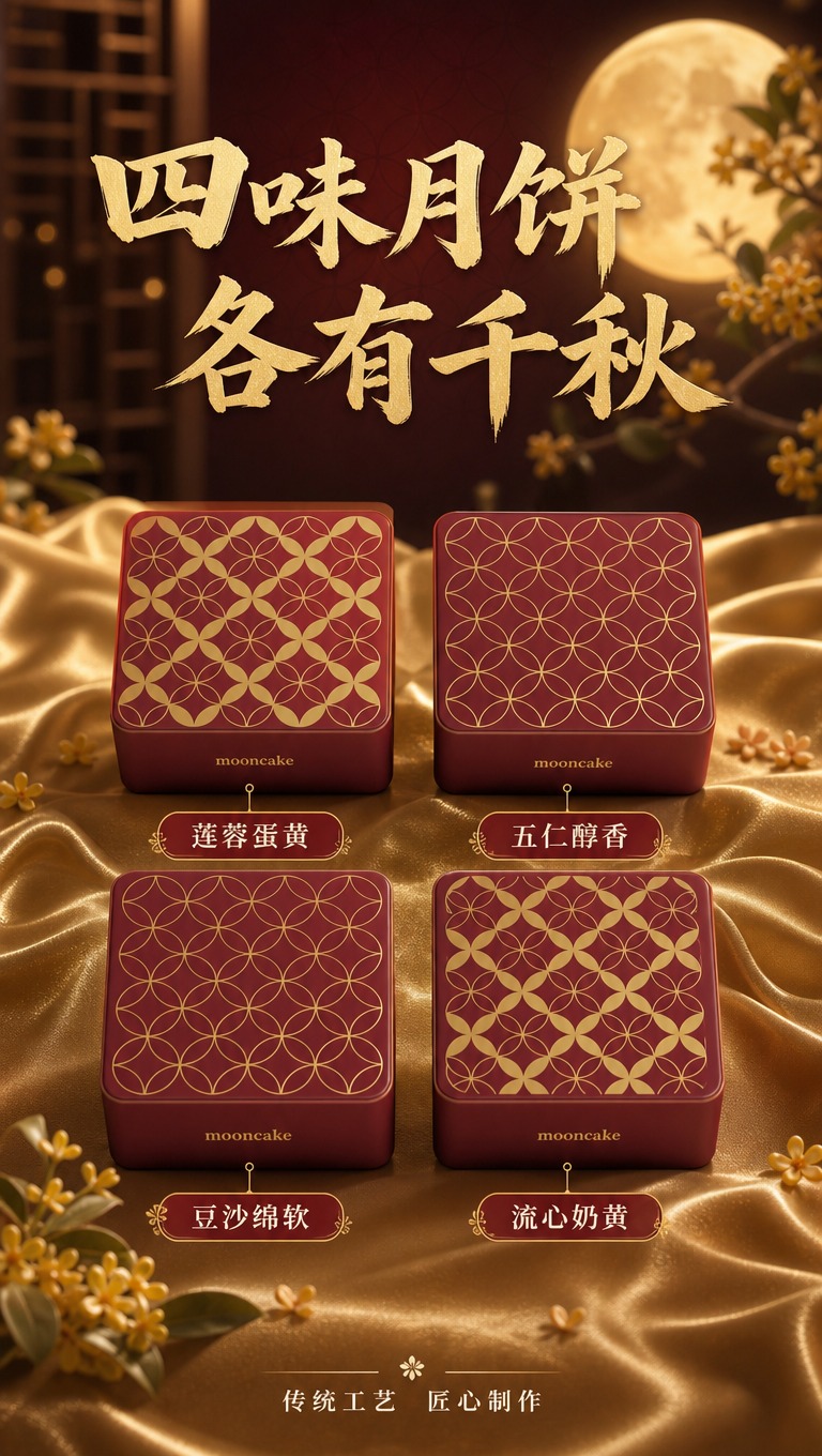 [商品] 使用【图2】【图3】中的四枚月饼礼盒；保留酒红色月饼… - 图片创意预览