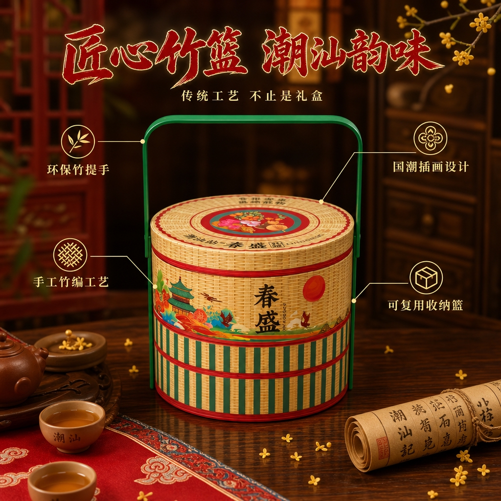[主图-2] 潮汕春盛礼盒核心亮点图，展示竹篮包装工艺与潮汕文… - 图片创意预览