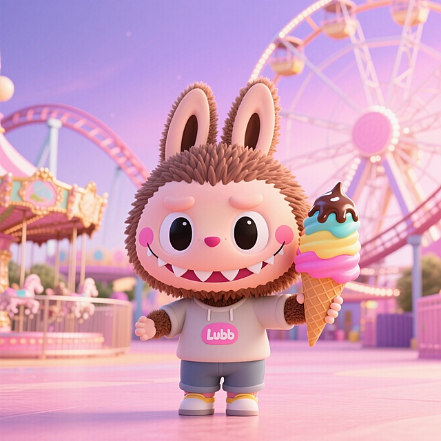 它手拿冰淇淋在游乐园