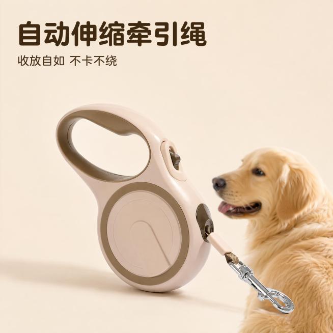 [主图-1] 自动伸缩宠物牵引绳首图
[氛围风格] 简约清新日常宠物用品风格
[画质] 商业摄影质感、光线柔和通透、产品清晰真实、画面干净高级
[元素] 浅奶茶色自动伸缩宠物牵引绳居中展示，保持产品外预览效果