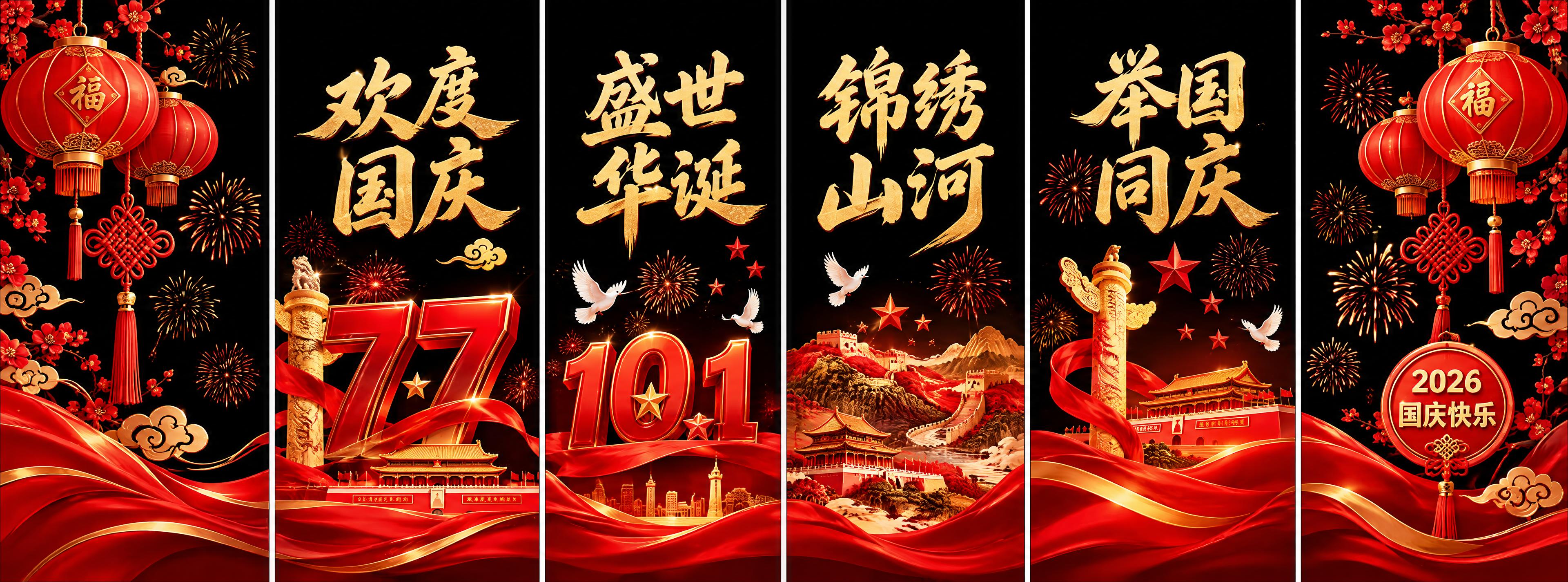 国庆77周年六联幅玻璃贴设计，黑色背景，共六扇竖幅玻璃，每扇之… - 图片创意预览