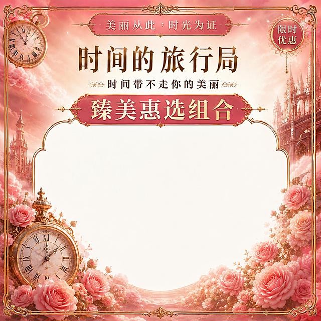 主标题保留"时间的旅行局"，将下方原"199面膜套组"修改为放大突出的"臻美惠选组合"，删除右下角的套组尊享礼遇区域，保持原粉色金复古风格和钟表玫瑰背景，保留完整中央商品留白，正方形比例，不遮挡中央预留空间。