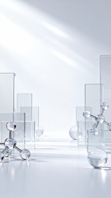 极简主义3D渲染背景，以纯净的白色和浅灰色为基调，采用光滑透明的亚克力材质构建几何结构，包括大小不一的矩形块和圆形元素，搭配由透明玻璃球体与金属连接杆组成的分子模型，整体呈现出极高的光泽感和清晰的光影层次，光线从上方柔和洒落，形成细腻的高光和轻微的阴影，营造出简约、现代、科技感与高级感并存的宁静氛围，所有元素布局对称且富有空间纵深感，无任何文字信息，适合作为背景素材使用。预览效果