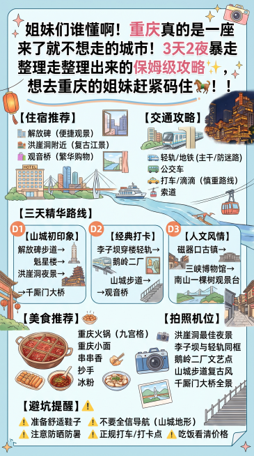 竖版重庆三日游旅游攻略图文海报，标题为"姐妹们谁懂啊！重庆真的是一座来了就不想走的城市！3天2夜暴走整理出来的保姆级攻略✨，想去重庆的姐妹赶紧码住🐎！！"，包含住宿、交通、三天精华路线、美食推荐、拍预览效果